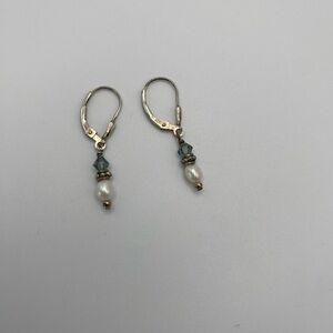 Elegant Pearl and Blue Swarovski Crystal Drop Earrings